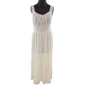 VINTAGE Seamprufe White Nightgown Sheer Floral Embroidered Scoop Casual Size 36